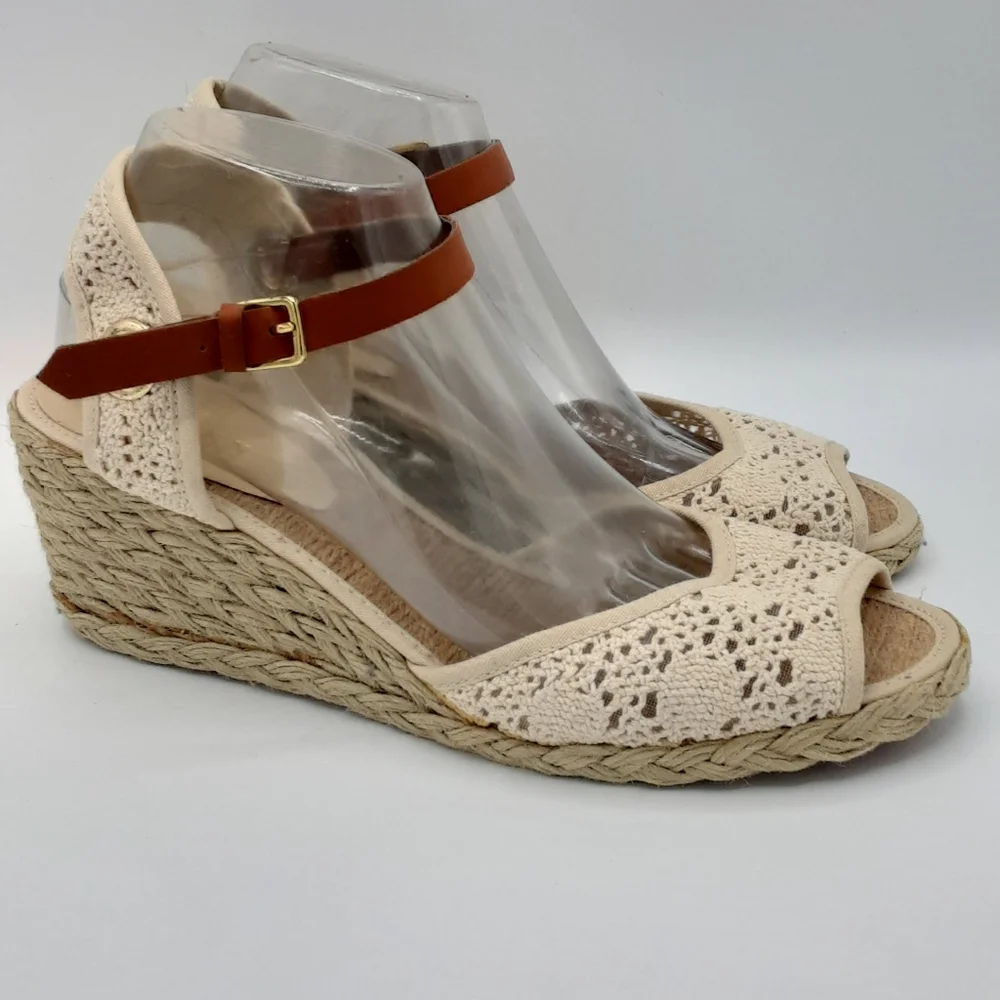 Lauren Ralph Lauren Cream and Brown Espadrille Wedges with Ankle Strap